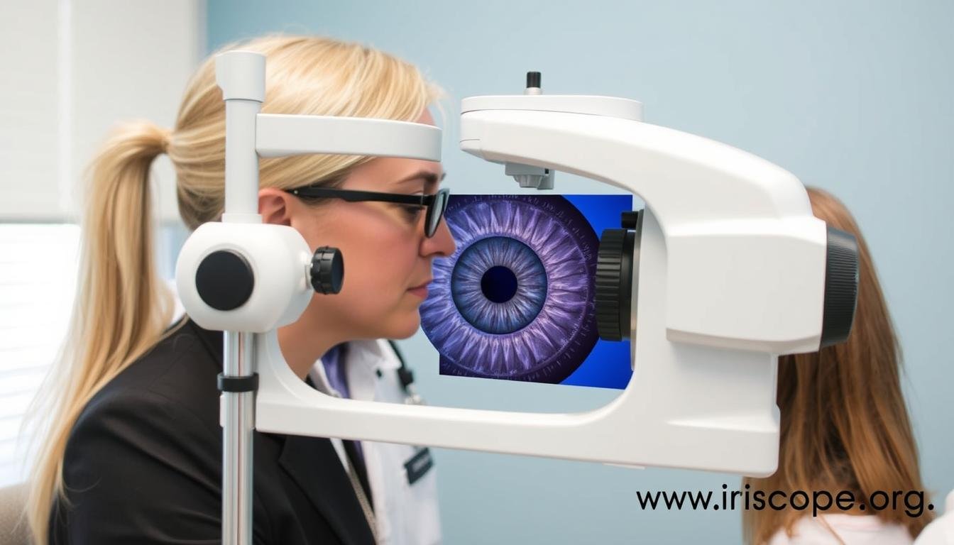 Practitioner using MAIKONG iridology equipment to analyze a client's iris