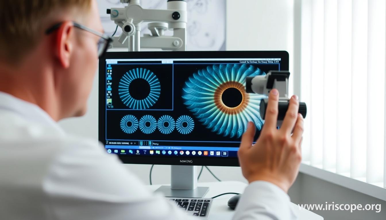 Professional iridologist analyzing collarette patterns using MAIKONG equipment Professional iridologist analyzing collarette patterns using MAIKONG equipment