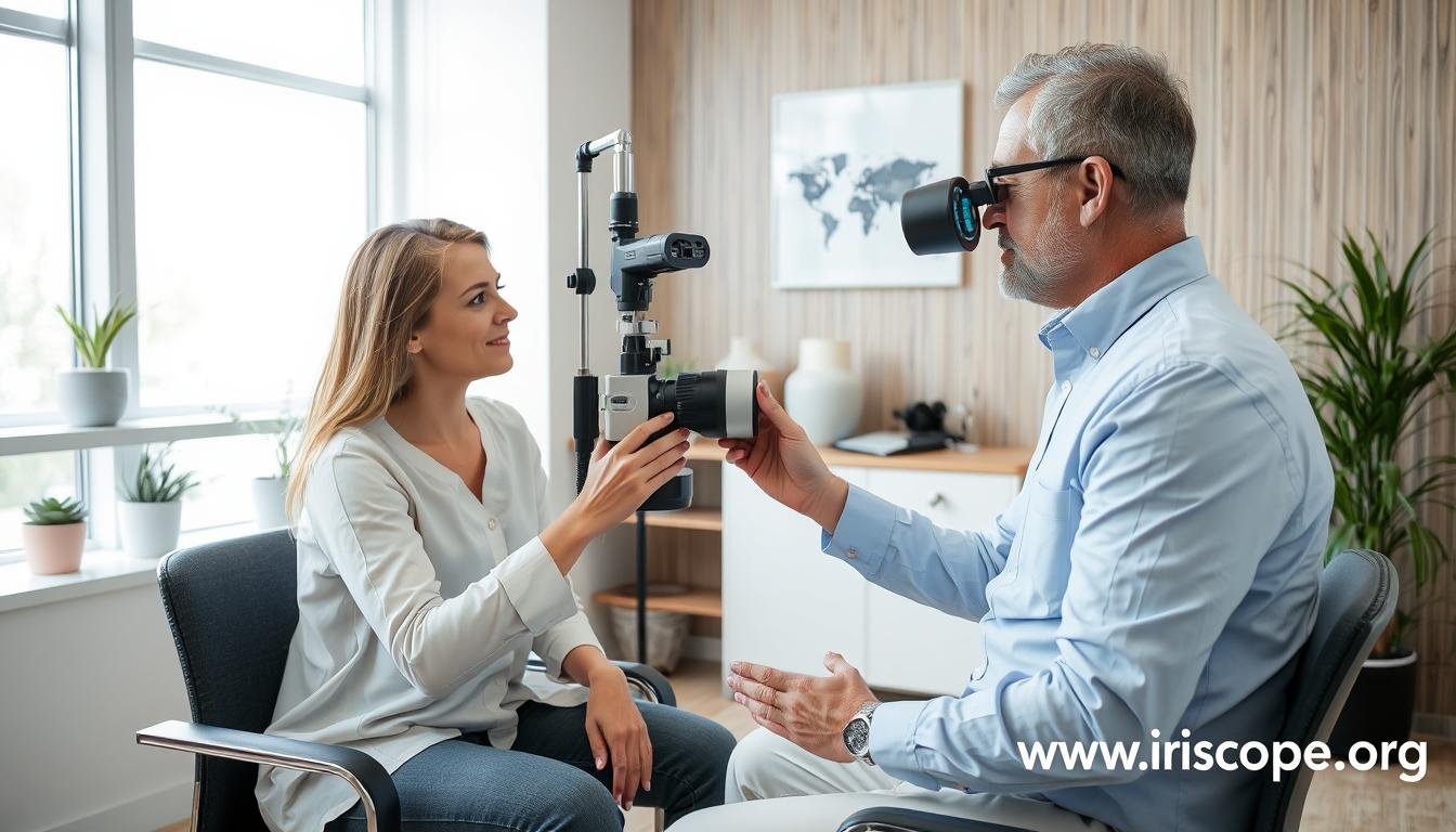 Professional iridologist consulting with a client in a wellness center