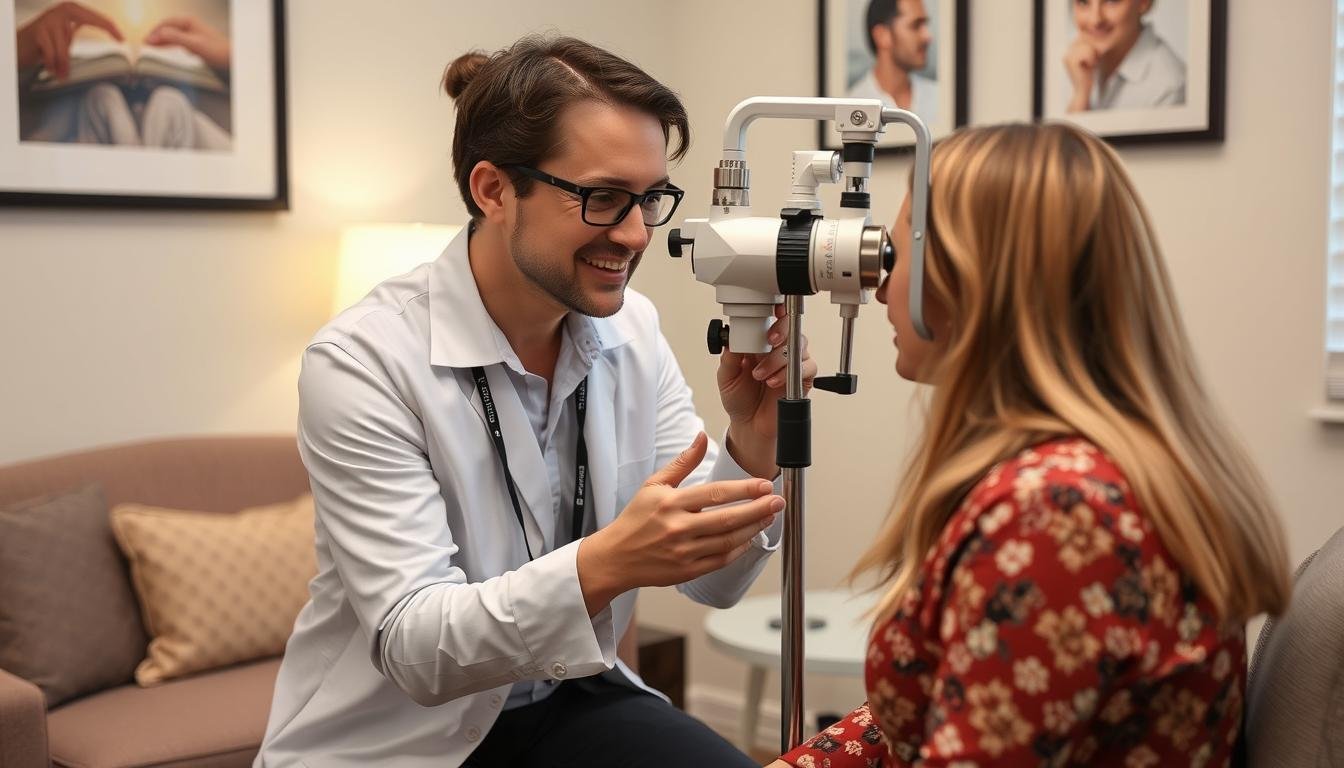 Professional iridologist consulting with a client in a wellness practice Professional iridologist consulting with a client in a wellness practice