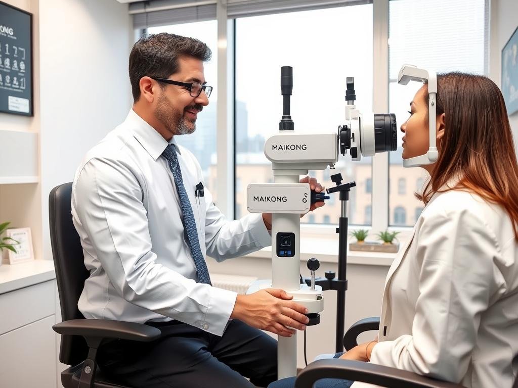 Professional iridologist in NYC clinic examining patient using MAIKONG equipment