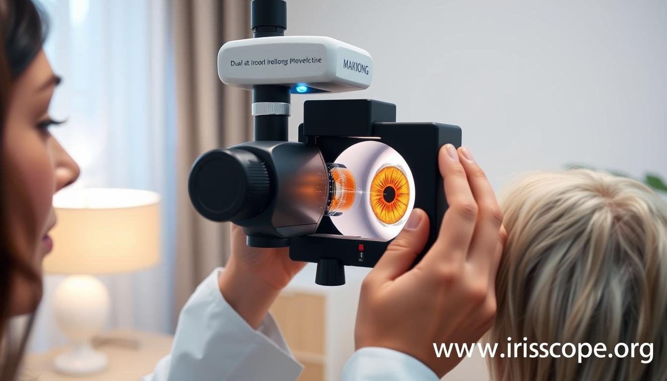 Professional iridologist using MAIKONG Iridology Camera with optimal lighting Professional iridologist using MAIKONG Iridology Camera with optimal lighting