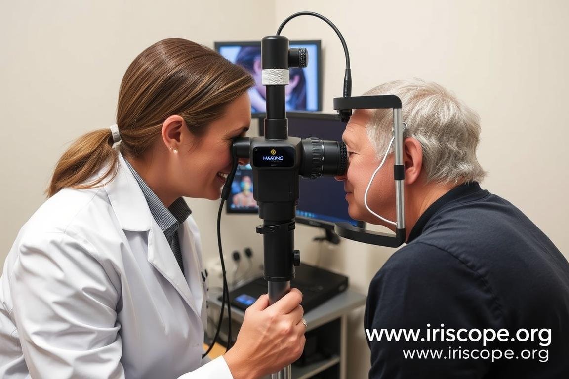 Professional iridologist using MAIKONG equipment for iiridology iris diagnosis deto session