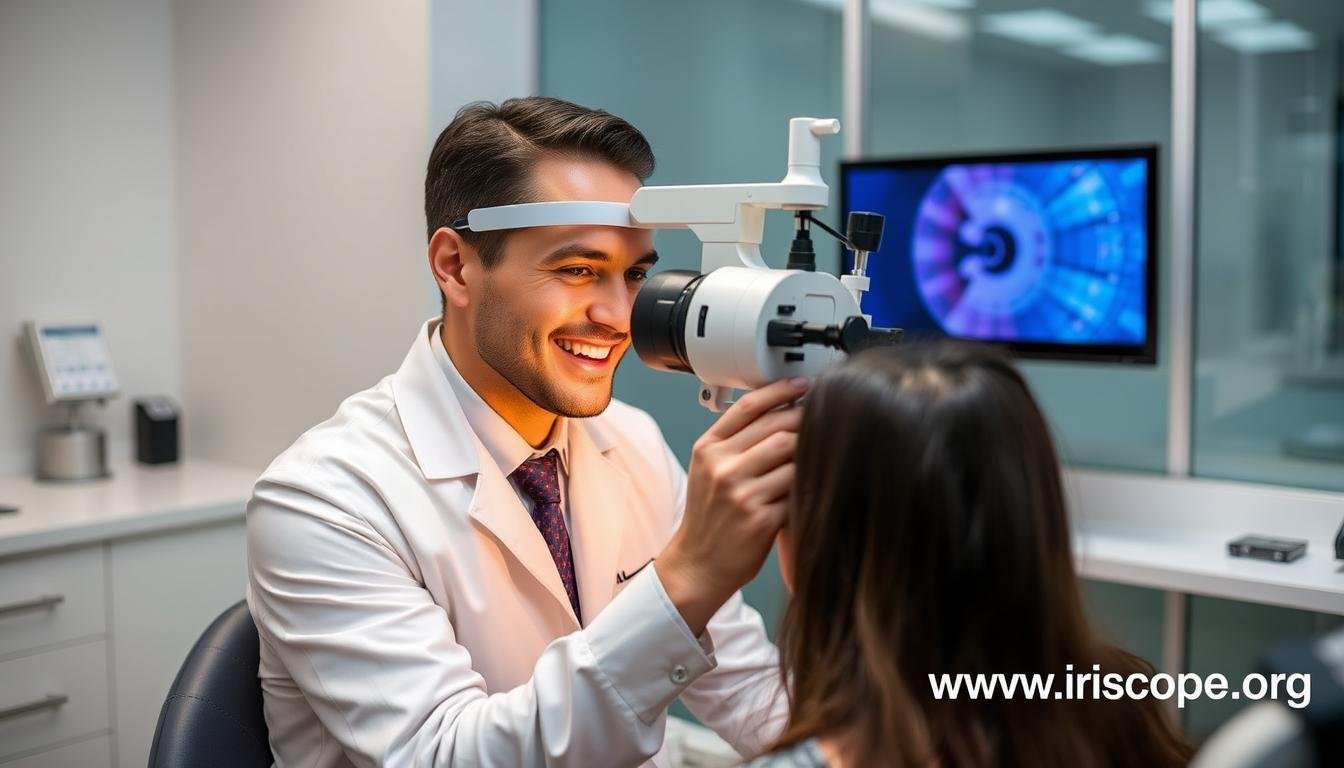 Professional iridologist using MAIKONG equipment in a modern clinic