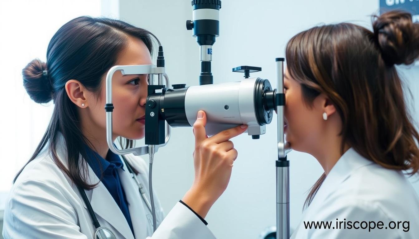 Professional iridologist using MAIKONG equipment to analyze a client's collarette zone Professional iridologist using MAIKONG equipment to analyze a client's collarette zone