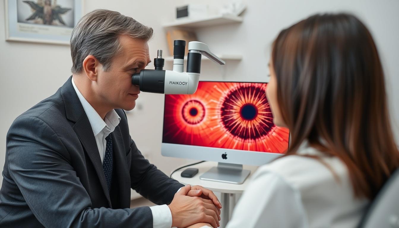 Professional iridologist using MAIKONG equipment to examine a client's iris