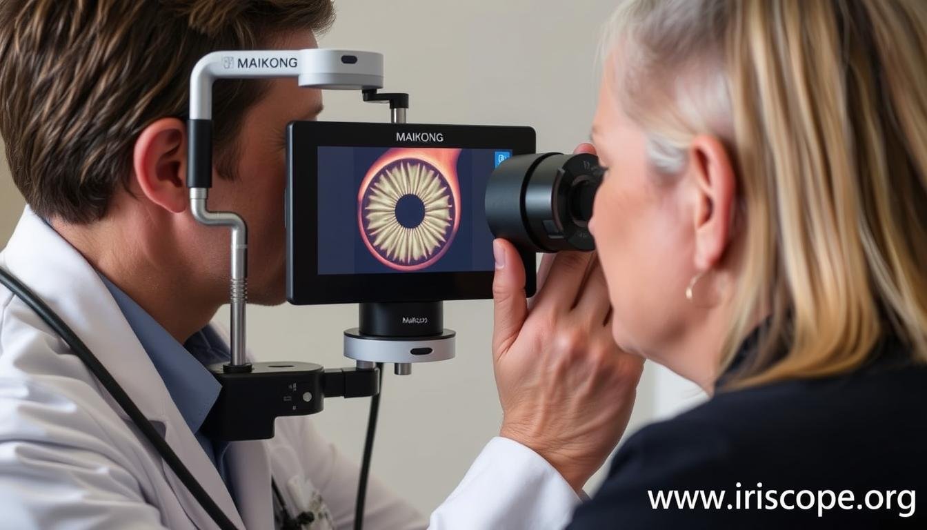Professional using high-resolution iridology camera to examine a patient's iris