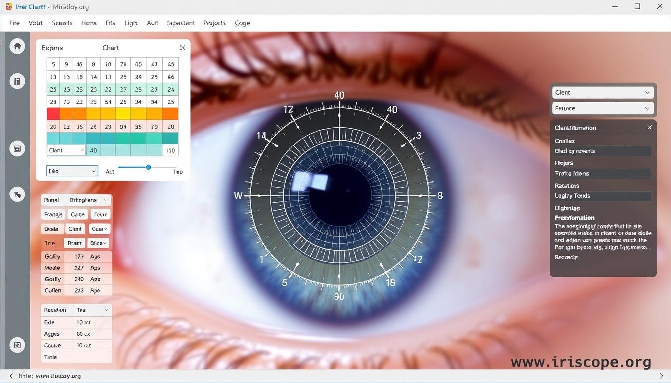 Screenshot of iridology software showing analysis interface with chart overlay Screenshot of iridology software showing analysis interface with chart overlay