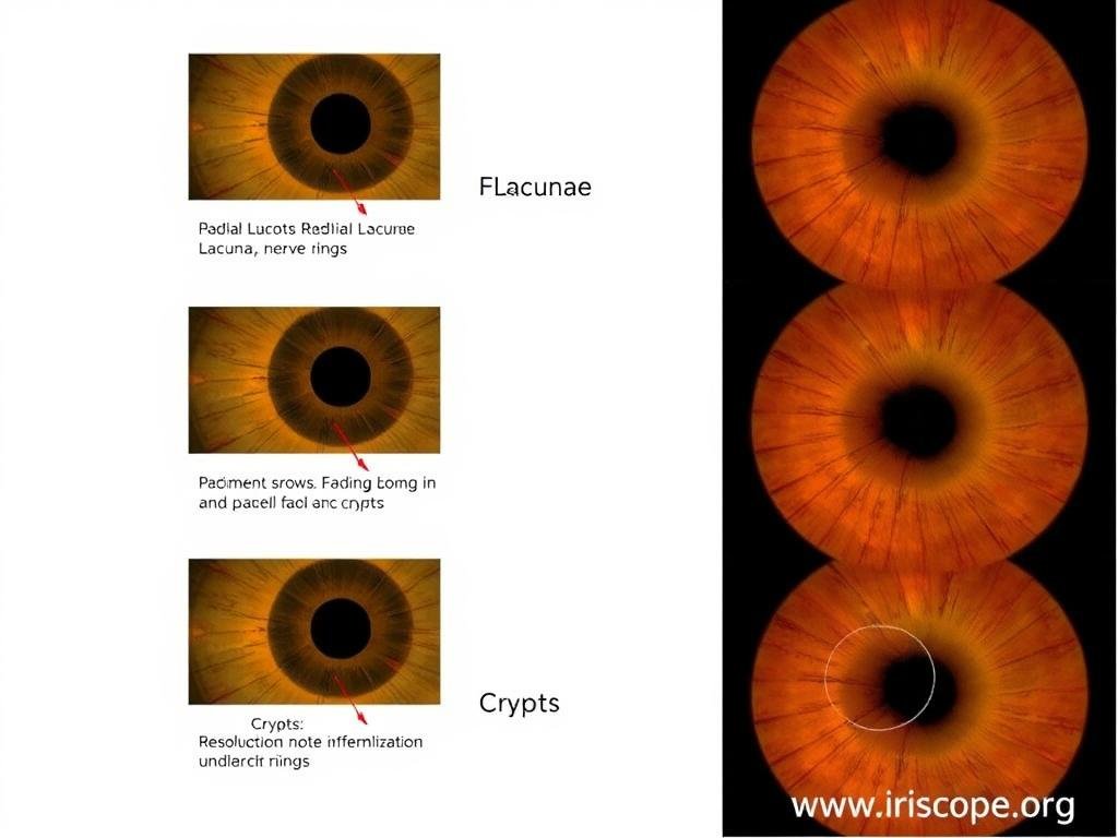 Series of iris images showing different pathological signs visible at various resolution and magnification levels Series of iris images showing different pathological signs visible at various resolution and magnification levels