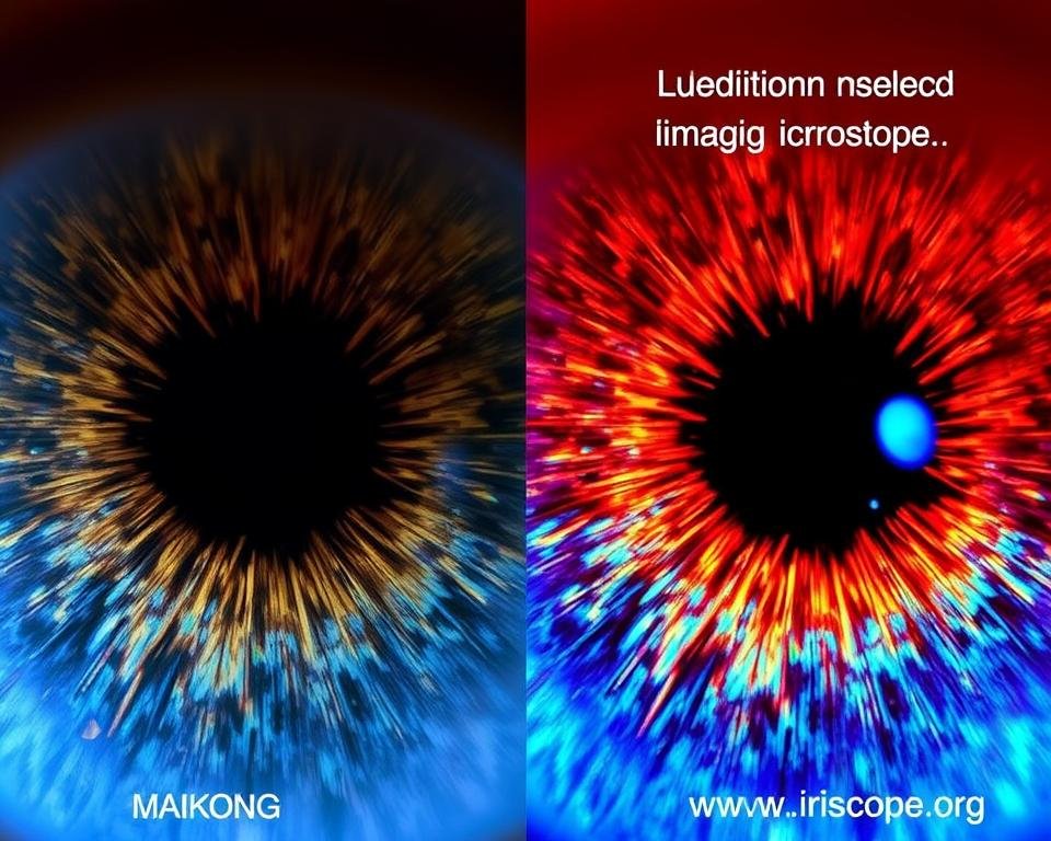 Side-by-side comparison of iris images from iridology camera and microscope Side-by-side comparison of iris images from iridology camera and microscope