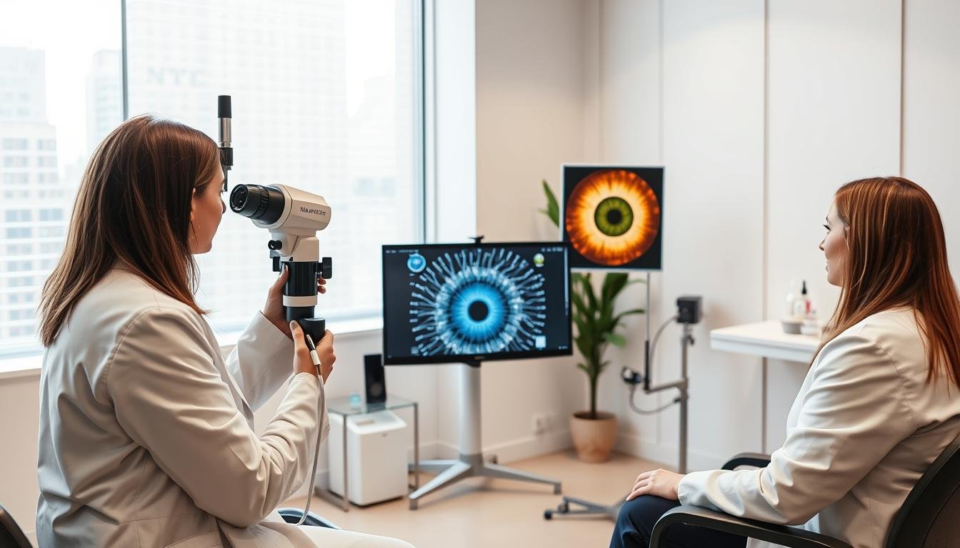 Step-by-step iridology process showing equipment and analysis in NYC clinic