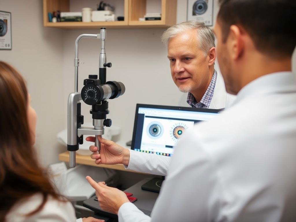 Step-by-step iridology visual diagnosis process showing consultation and examination Step-by-step iridology visual diagnosis process showing consultation and examination