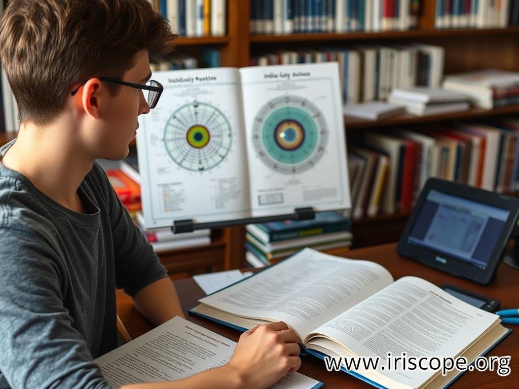 Student studying iridology charts and textbooks