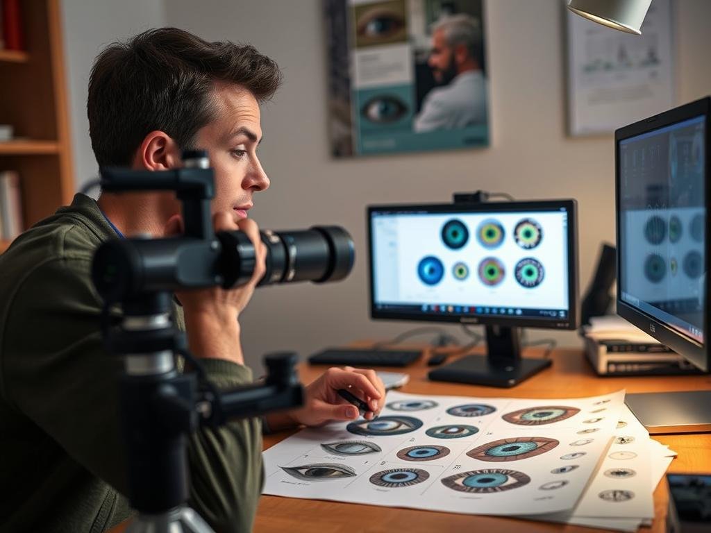 Student studying iridology charts and using an iridology camera Student studying iridology charts and using an iridology camera
