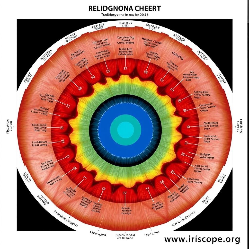 Traditional iridology chart showing the mapping of body organs to iris zones