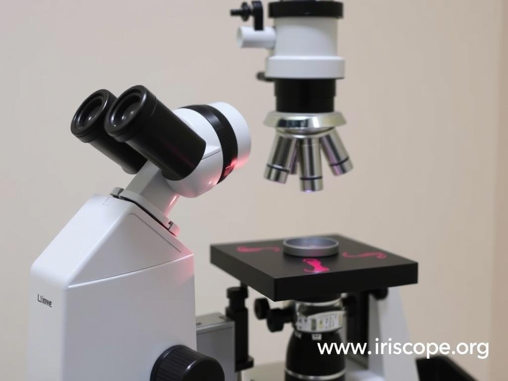 Traditional microscope setup for iris examination Traditional microscope setup for iris examination