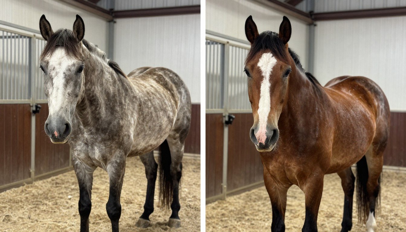 Before and after photos of a rehabilitated horse whose treatment was guided by equine iridology findings