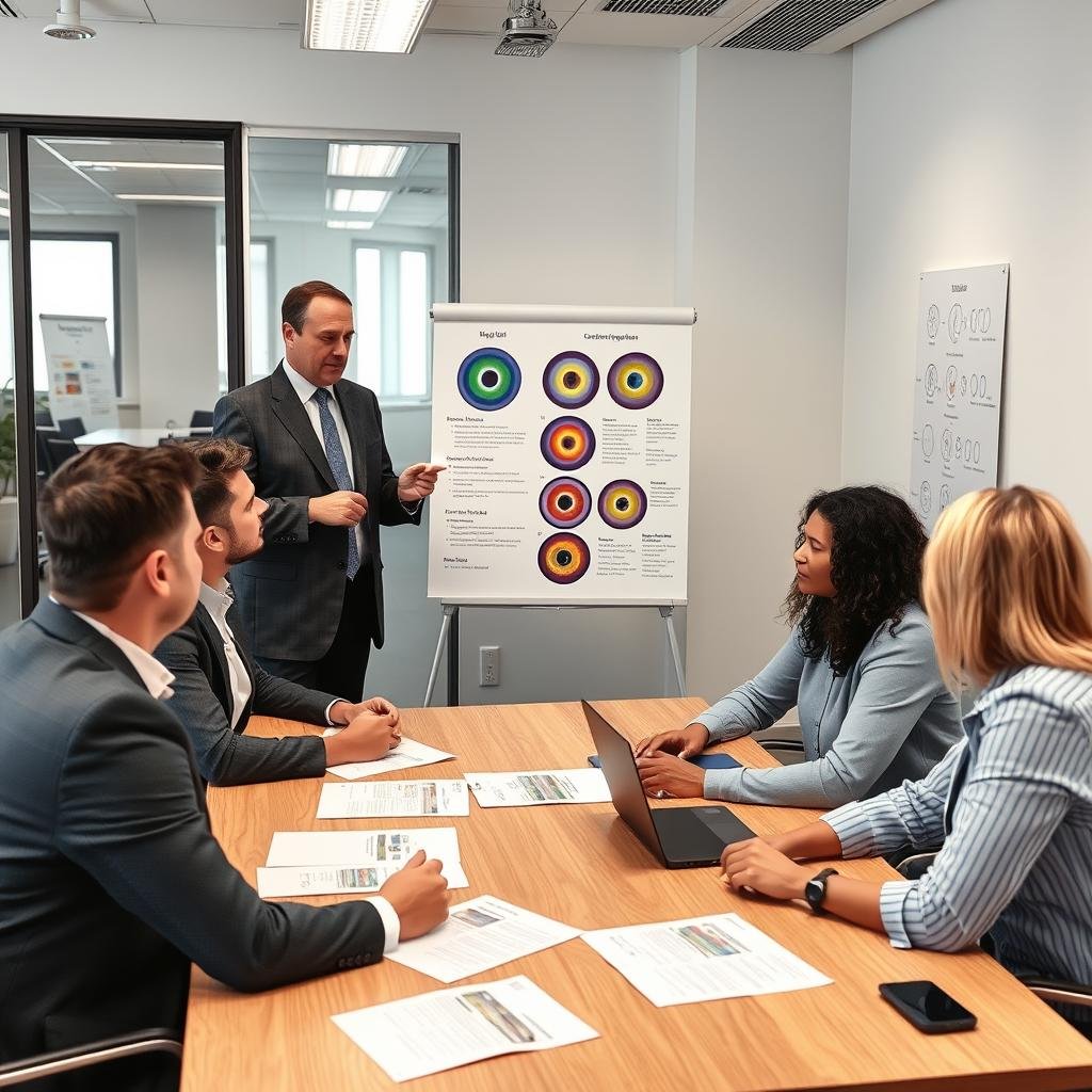 Business team using behavioral iridology insights for improved workplace communication