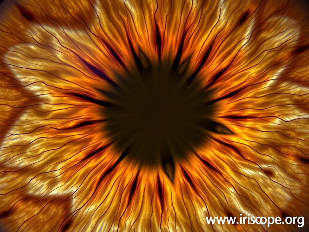 Close-up of iris texture details showing fiber patterns captured by MAIKONG iridology camera