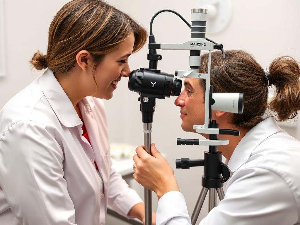 Comfortable iridology examination being performed with a MAIKONG iridology camera