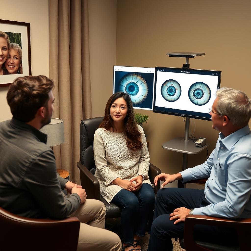 Couple consulting with a behavioral iridology practitioner about relationship compatibility