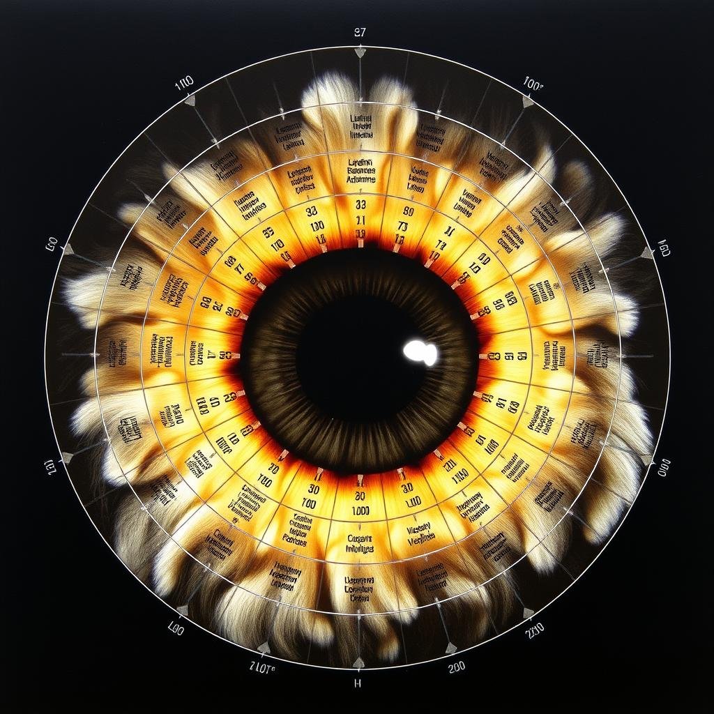 Detailed left eye iridology chart for animals showing organ correlations