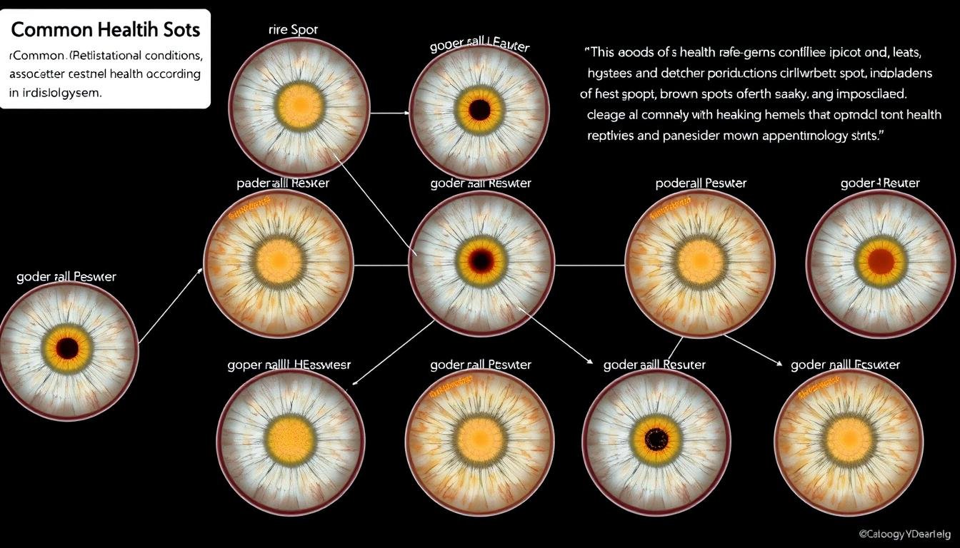 Diagram showing common health conditions associated with different patterns of brown spots in eyes iridology
