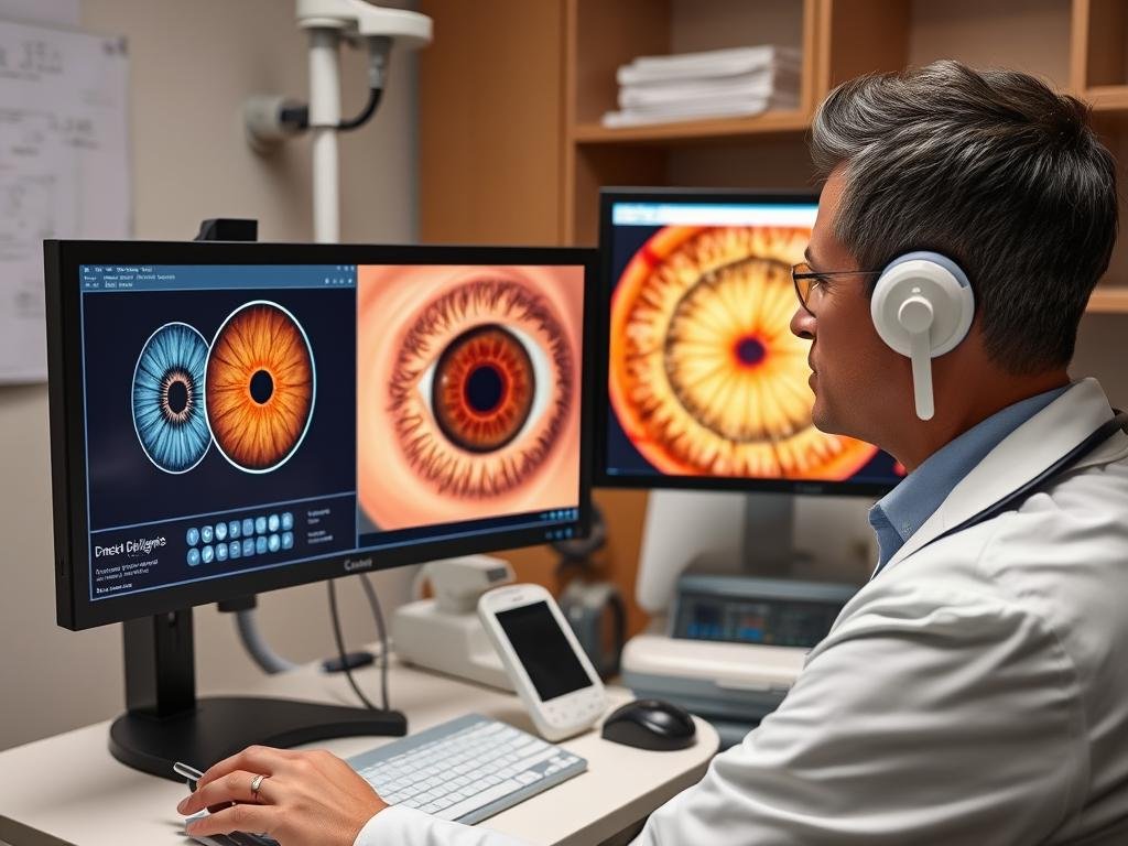 Healthcare practitioner analyzing iris images on computer using MAIKONG iridology software