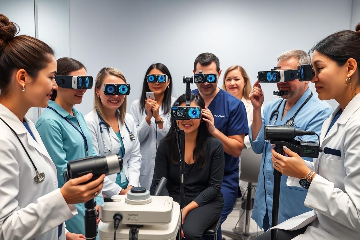 Healthcare practitioners using MAIKONG digital iridology cameras in clinical setting