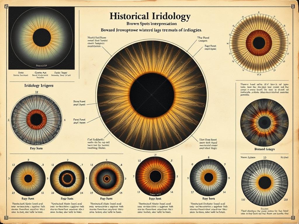 Historical iridology charts showing brown spots interpretation from Bernard Jensen's work on brown spots in eyes iridology