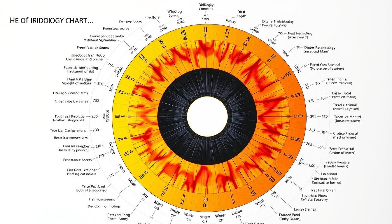 Iridology chart showing different zones of the iris mapped to body systems
