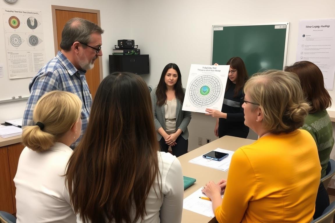 Iridology instructor teaching students about iris mapping using detailed charts