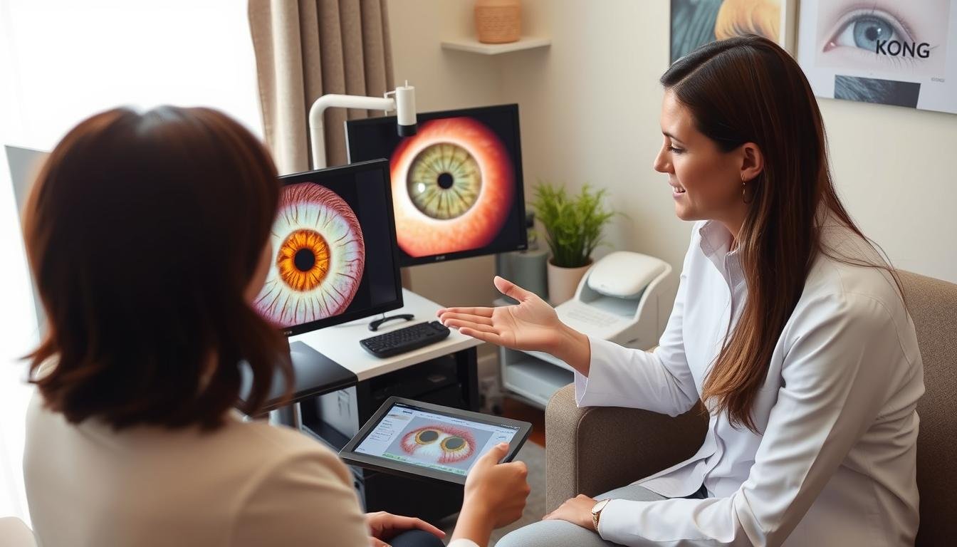 Practitioner consulting with client about brown spots in eyes iridology findings using MAIKONG equipment