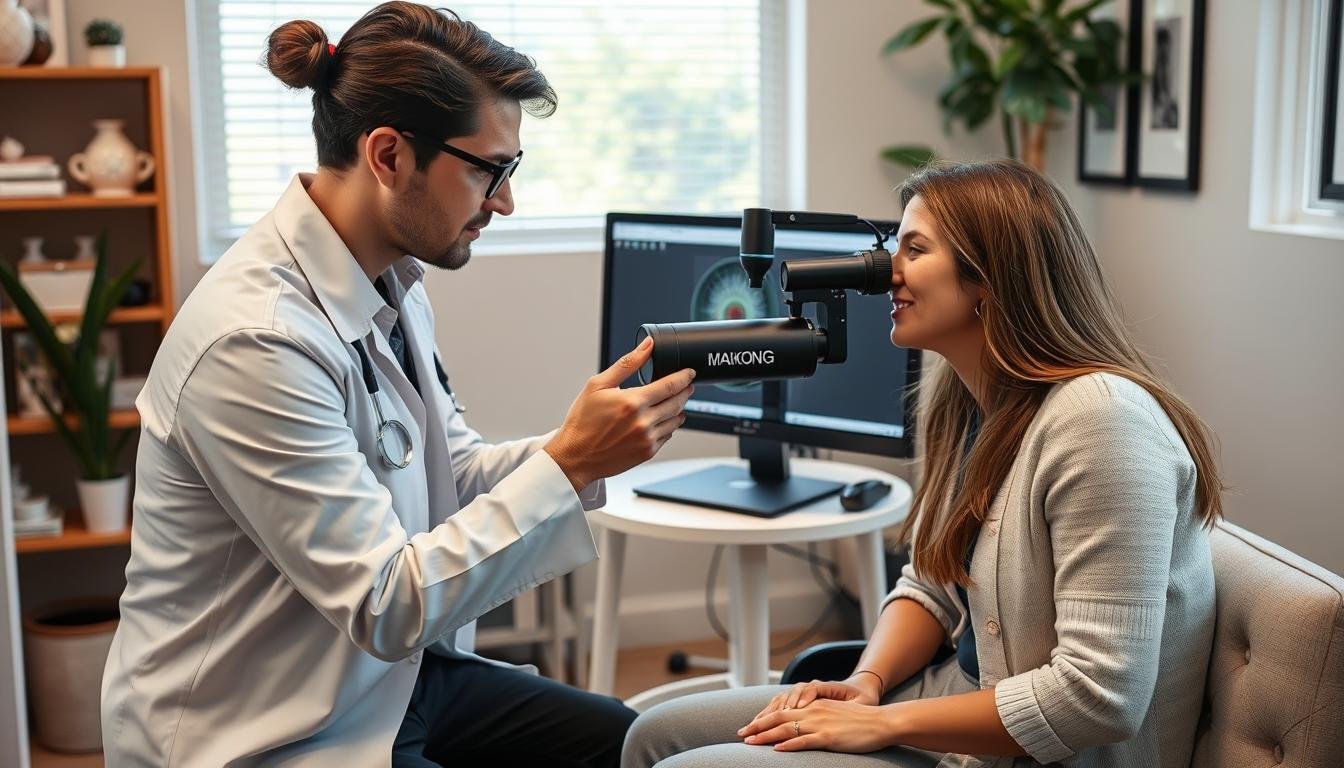 Practitioner using MAIKONG iridology camera with client