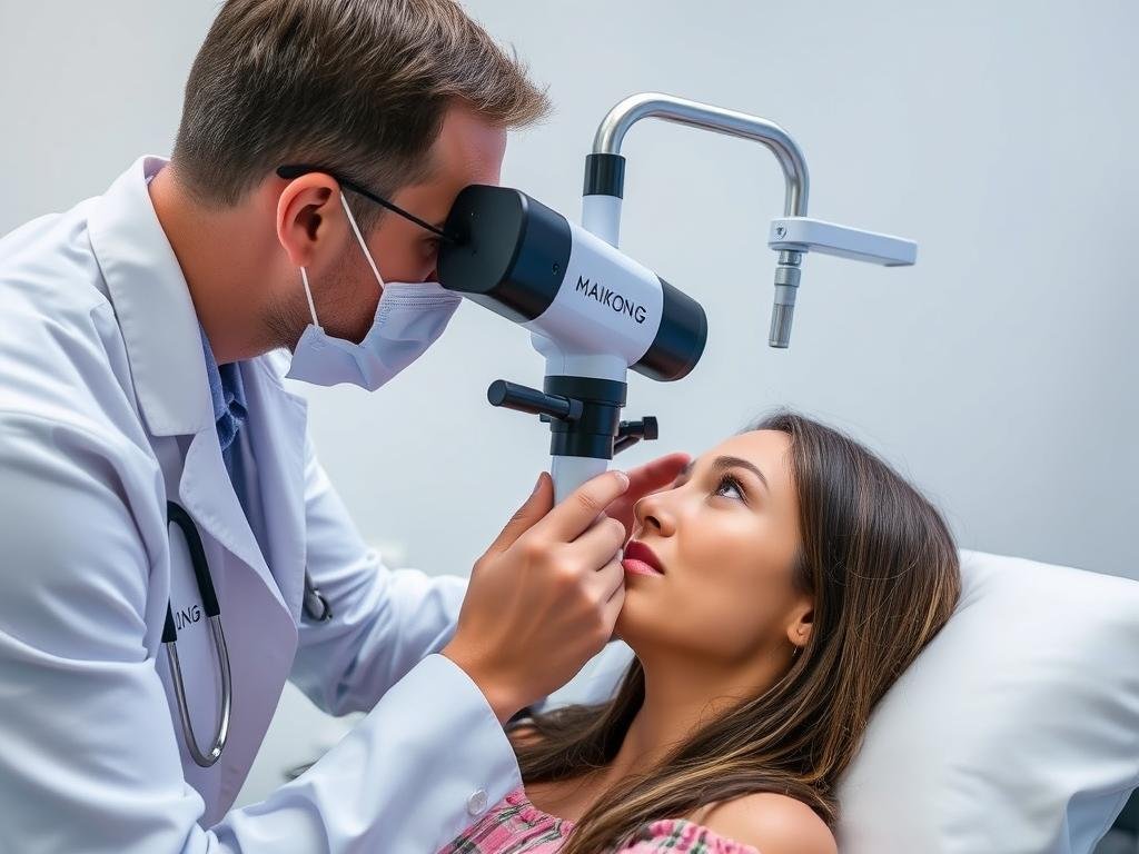 Practitioner using a professional MAIKONG iriscope to examine a patient's iris for early signs of health imbalances