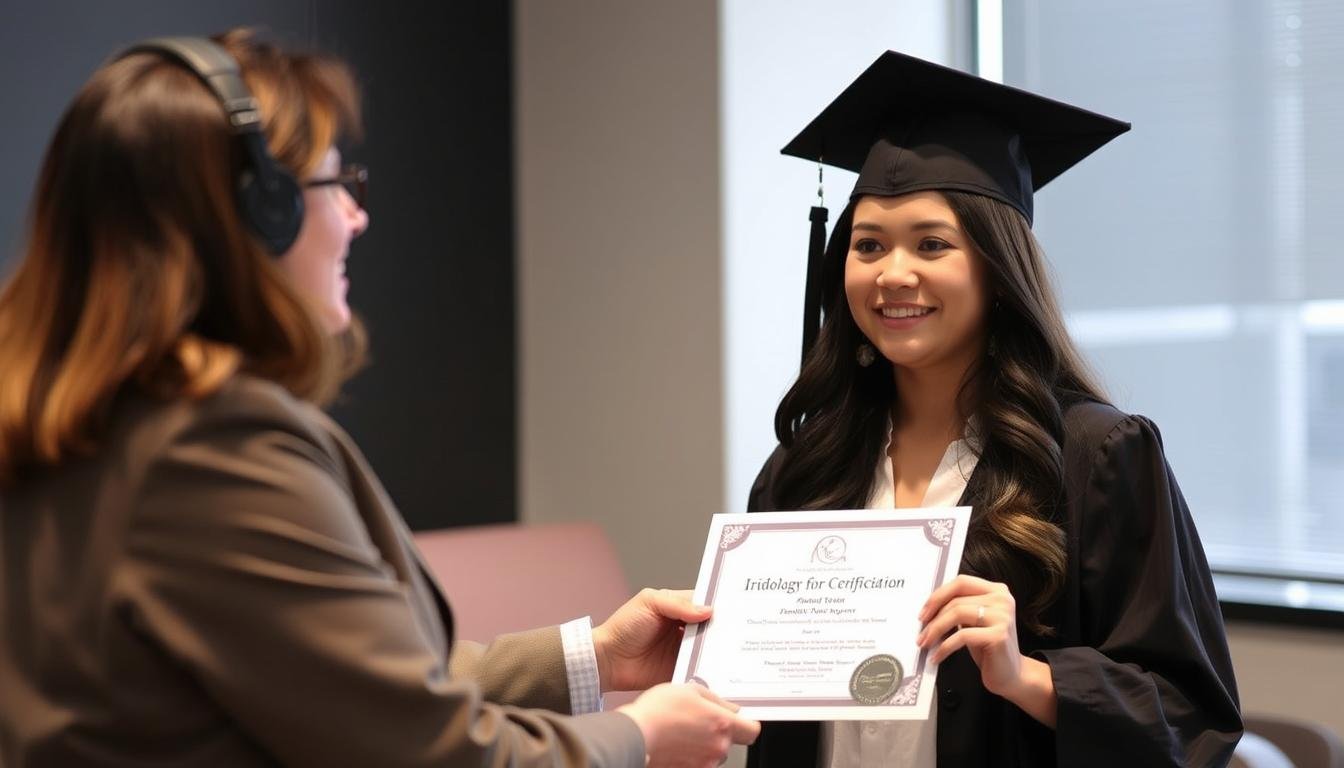 Professional iridologist receiving certification after completing advanced course