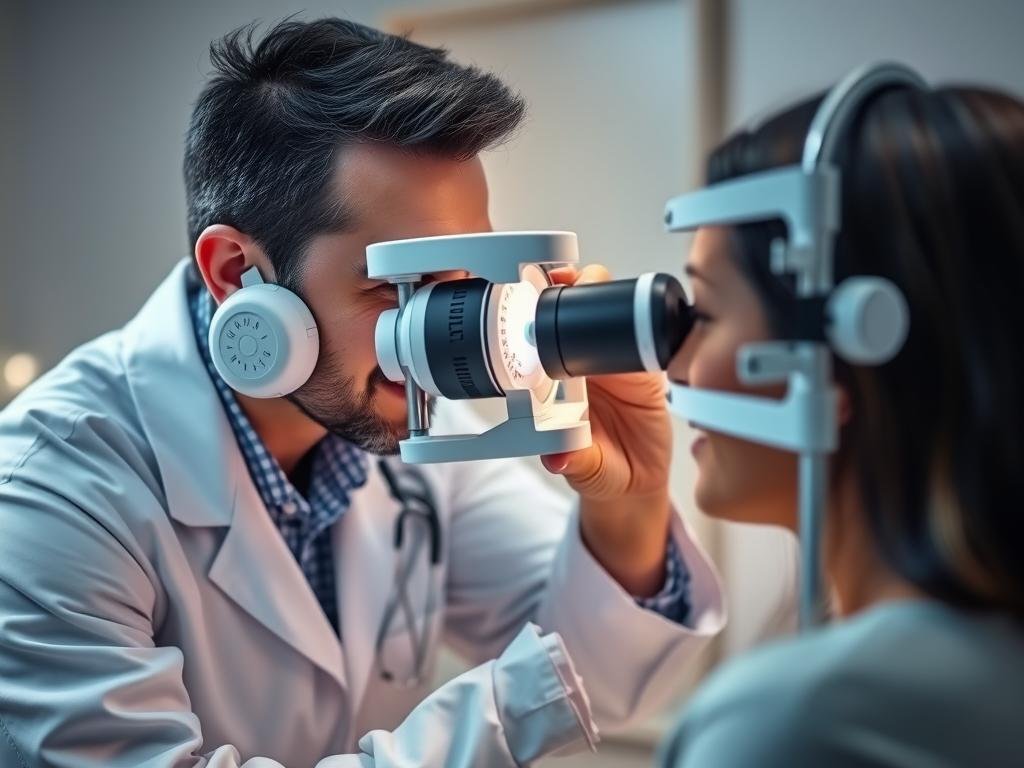 Professional iridologist using MAIKONG iriscope to examine patient's iris