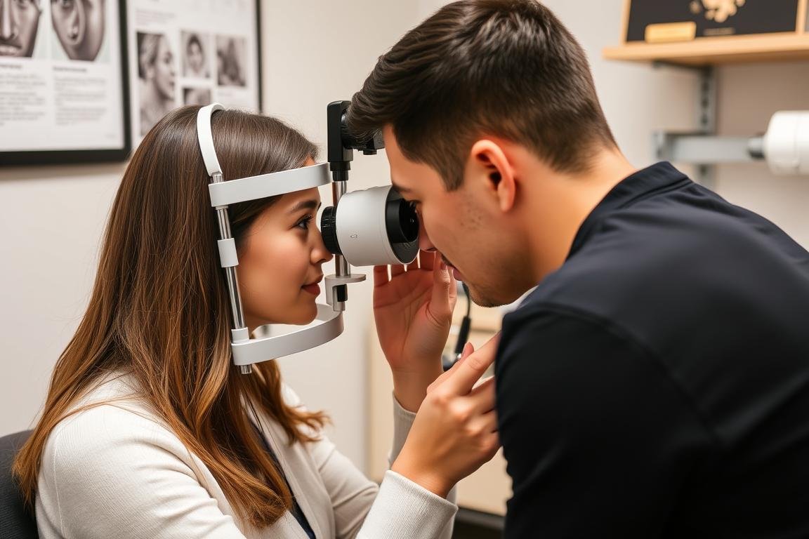 Student practicing iridology using professional iriscope equipment