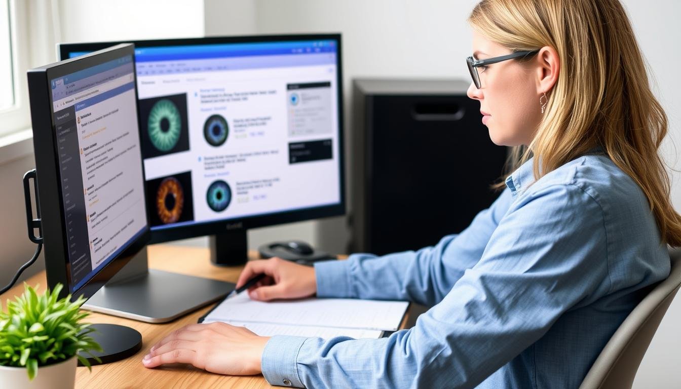 Student researching different iridology course options online