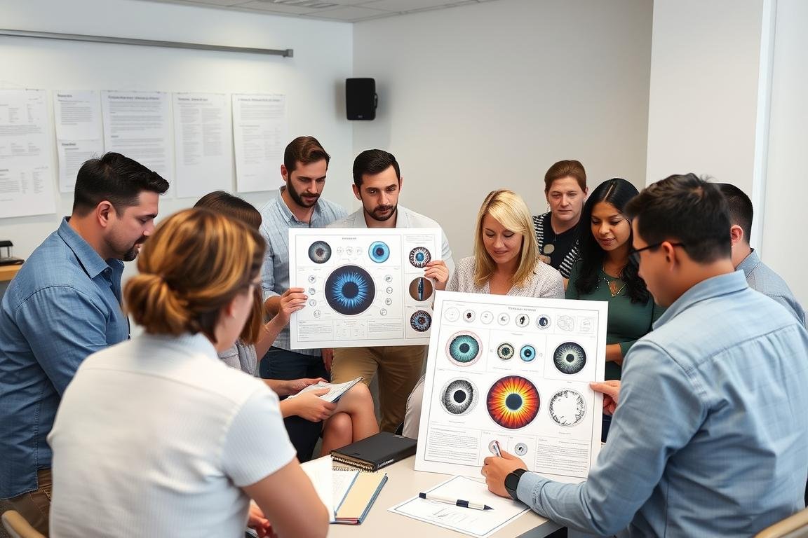 Students studying iridology charts at an iridology school Students studying iridology charts at an iridology school