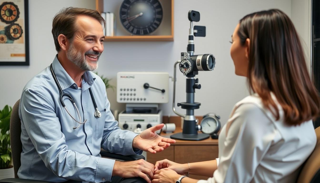 Successful iridologist consulting with client in professional practice