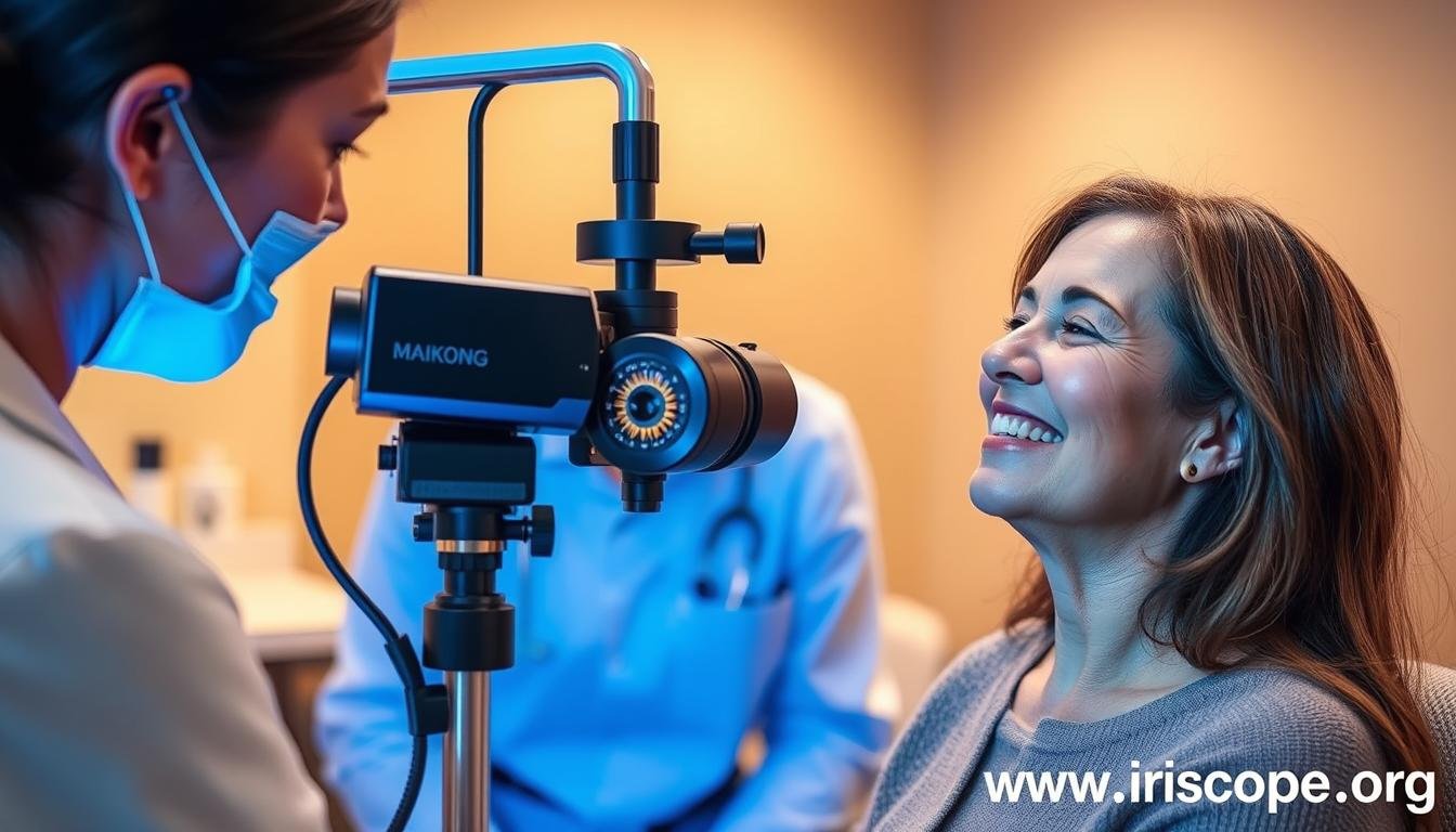 Successful iridology practitioner using MAIKONG Professional Iridology Camera with a satisfied client