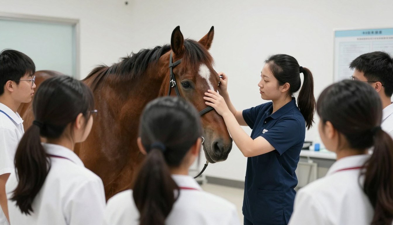 Training session for equine iridology practitioners learning to use specialized equipment on a horse