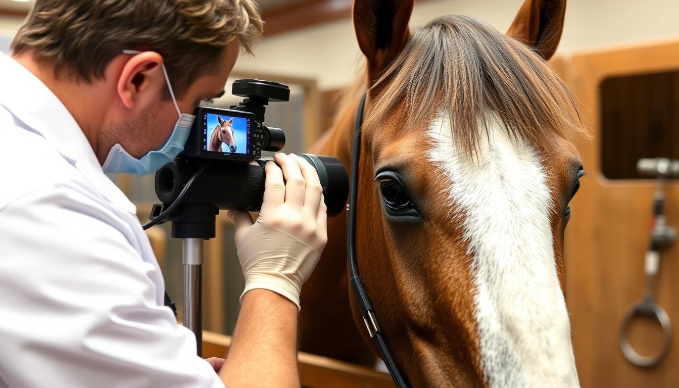 Veterinarian using iridology to assess a horse's health condition Veterinarian using iridology to assess a horse's health condition