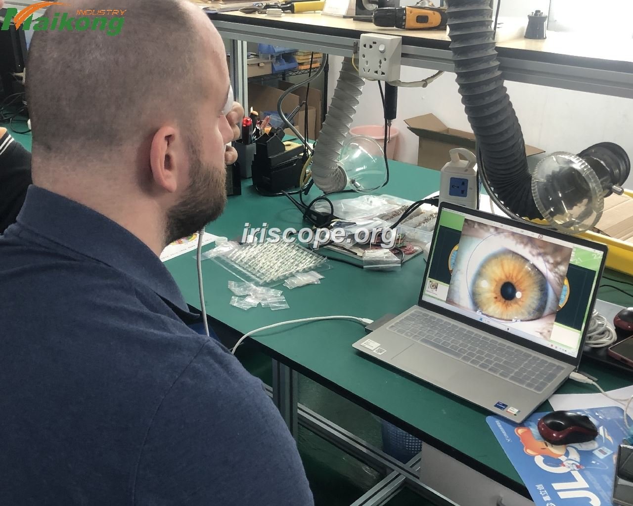 Professional iridology camera capturing detailed iris patterns in a clinical setting