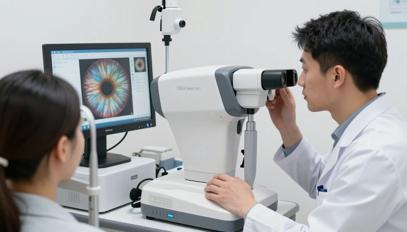 A Christian healthcare practitioner using modern iridology equipment to examine a patient