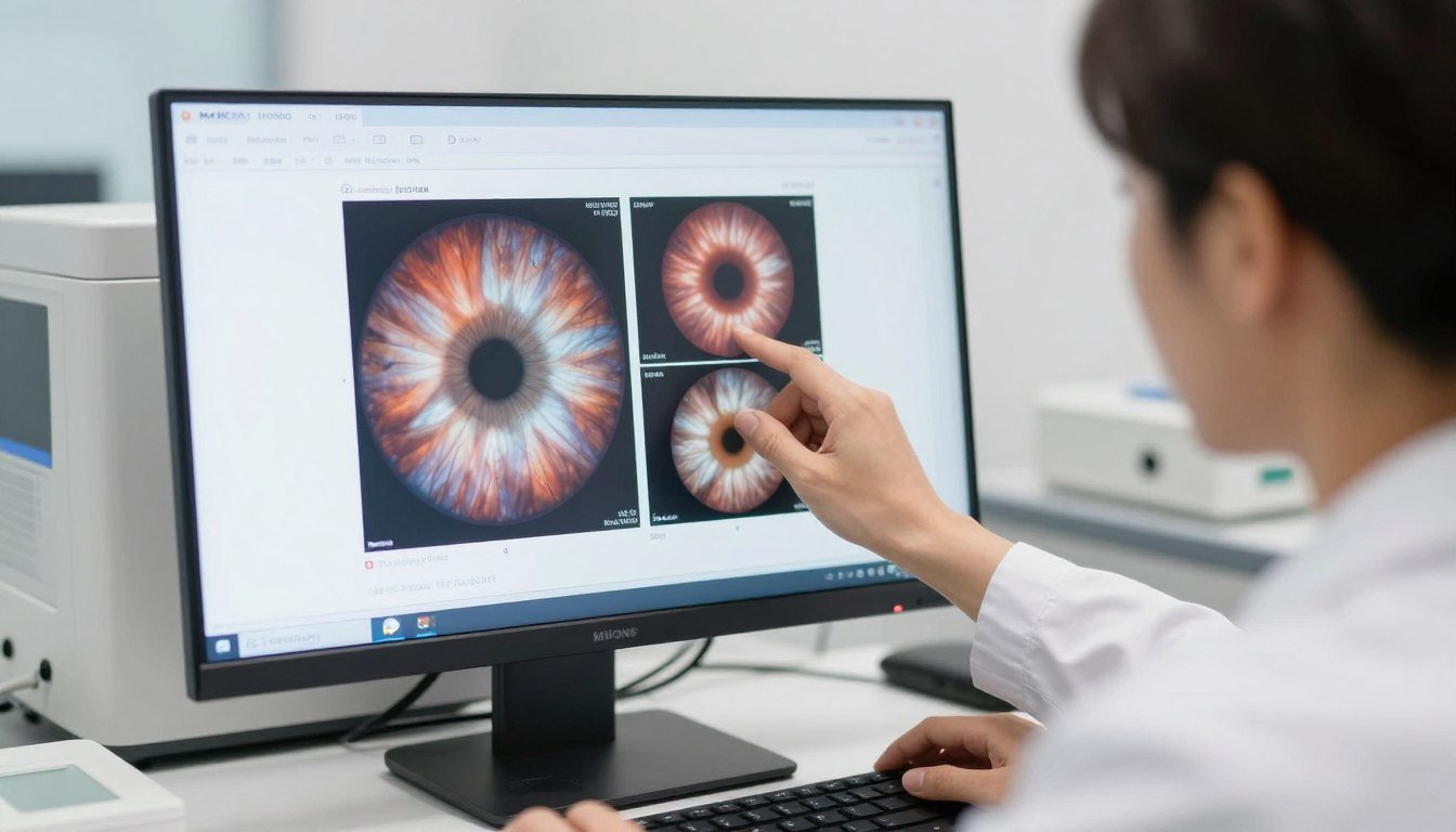 A person thoughtfully examining iris images on a computer screen using MAIKONG iridology software