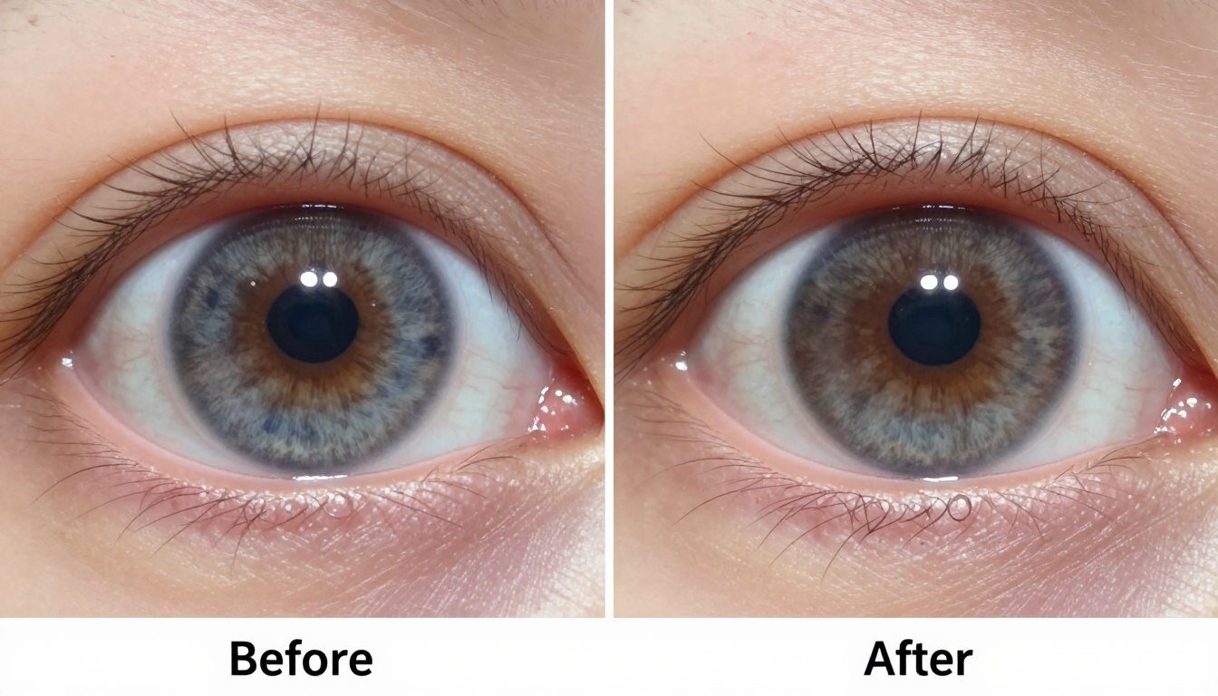 Before and after iris images showing health improvements