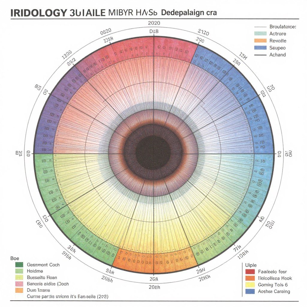 Detailed iridology chart showing iris zones and their corresponding body systems