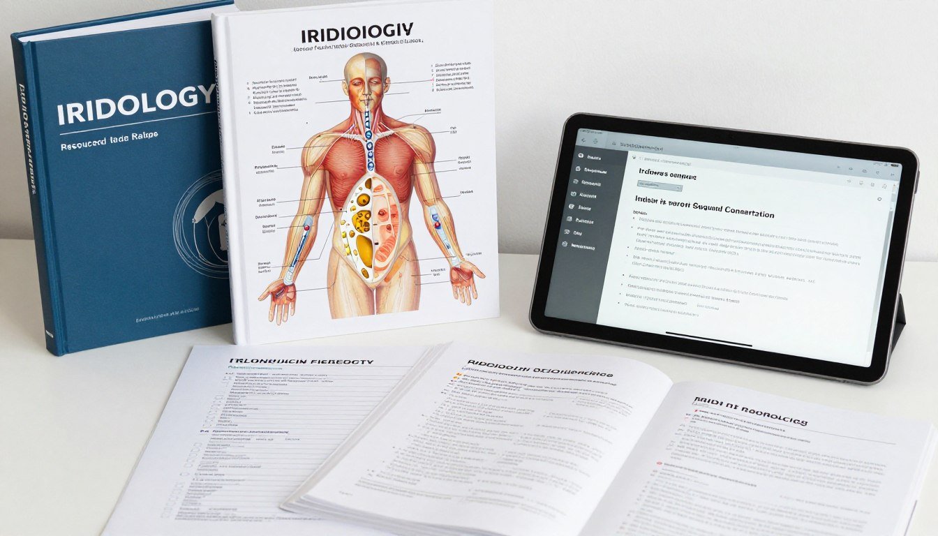 Educational resources about iridology including books, charts, and digital materials